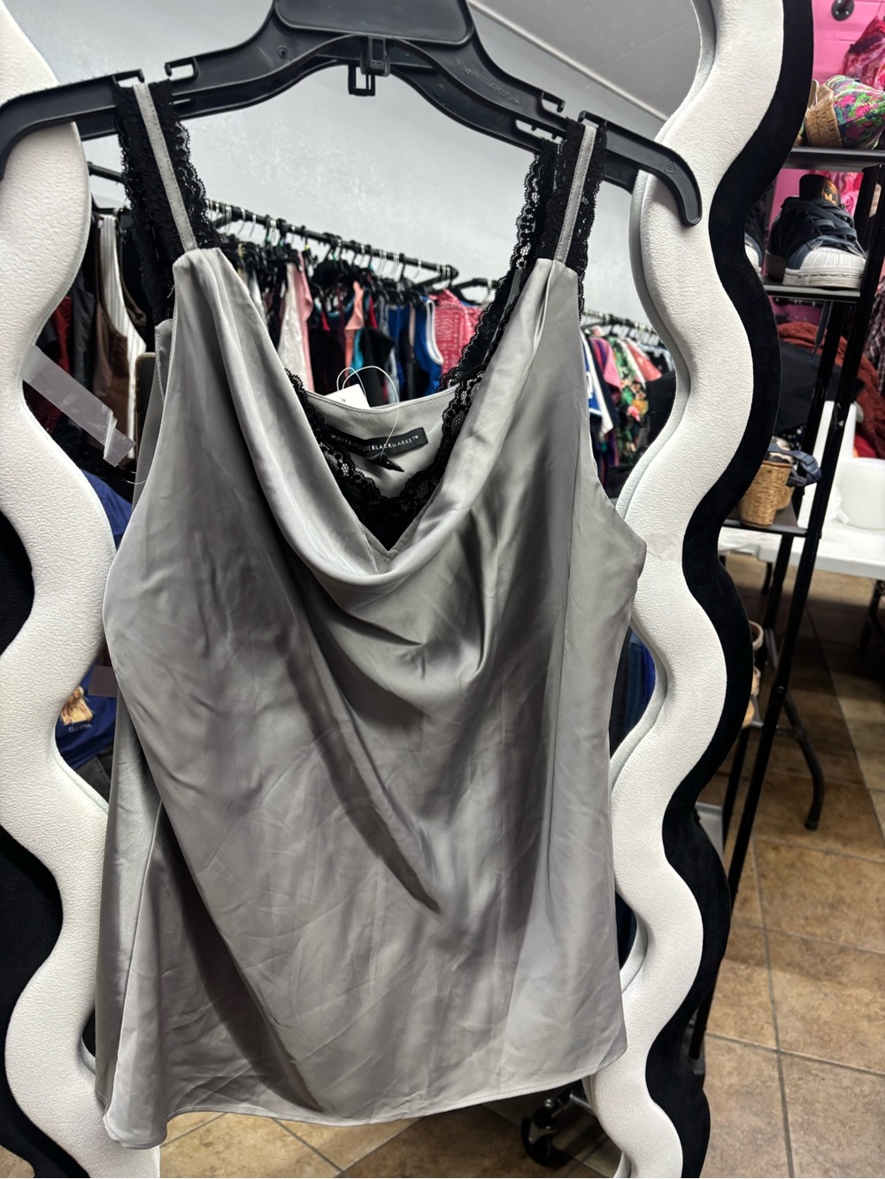 White House Black Market Satin Cowl Tank with Black Lace Trim